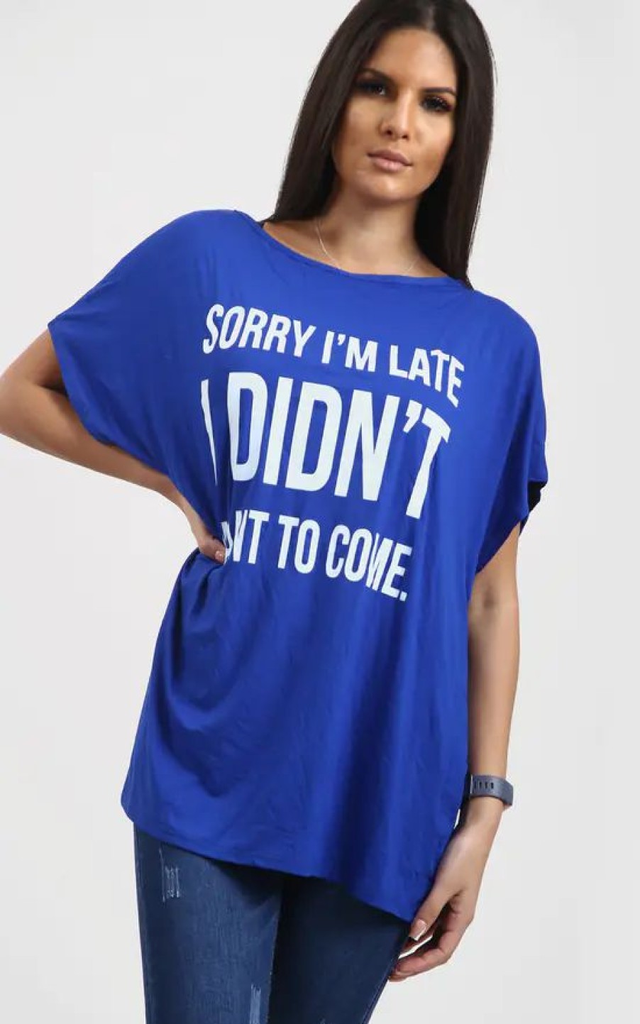 Tops * | Wholesale Oops Fashion Royal Blue Off Shoulder Oversized Tshirt With Slogan Print