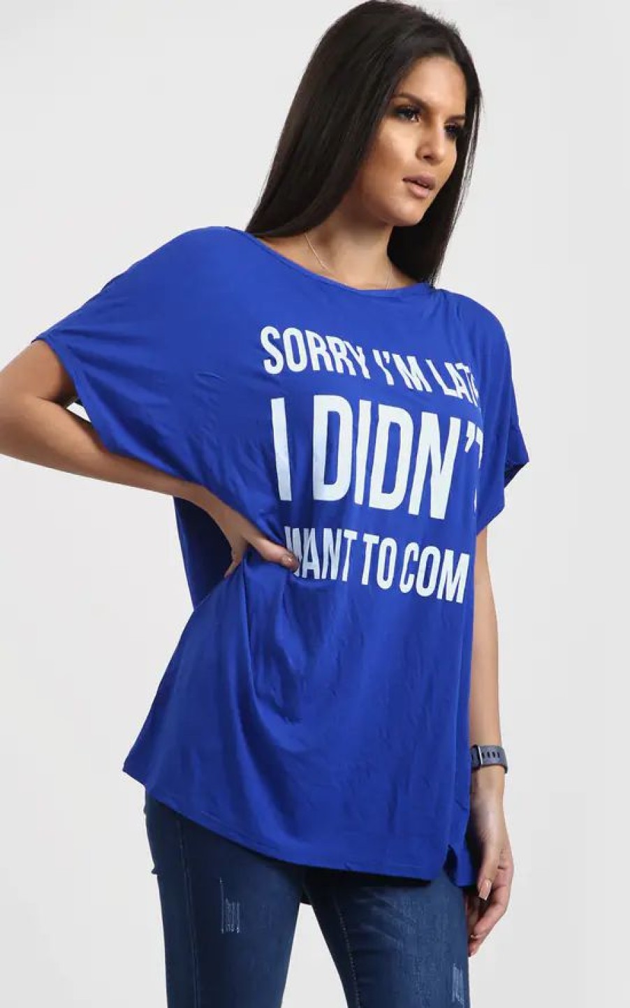 Tops * | Wholesale Oops Fashion Royal Blue Off Shoulder Oversized Tshirt With Slogan Print