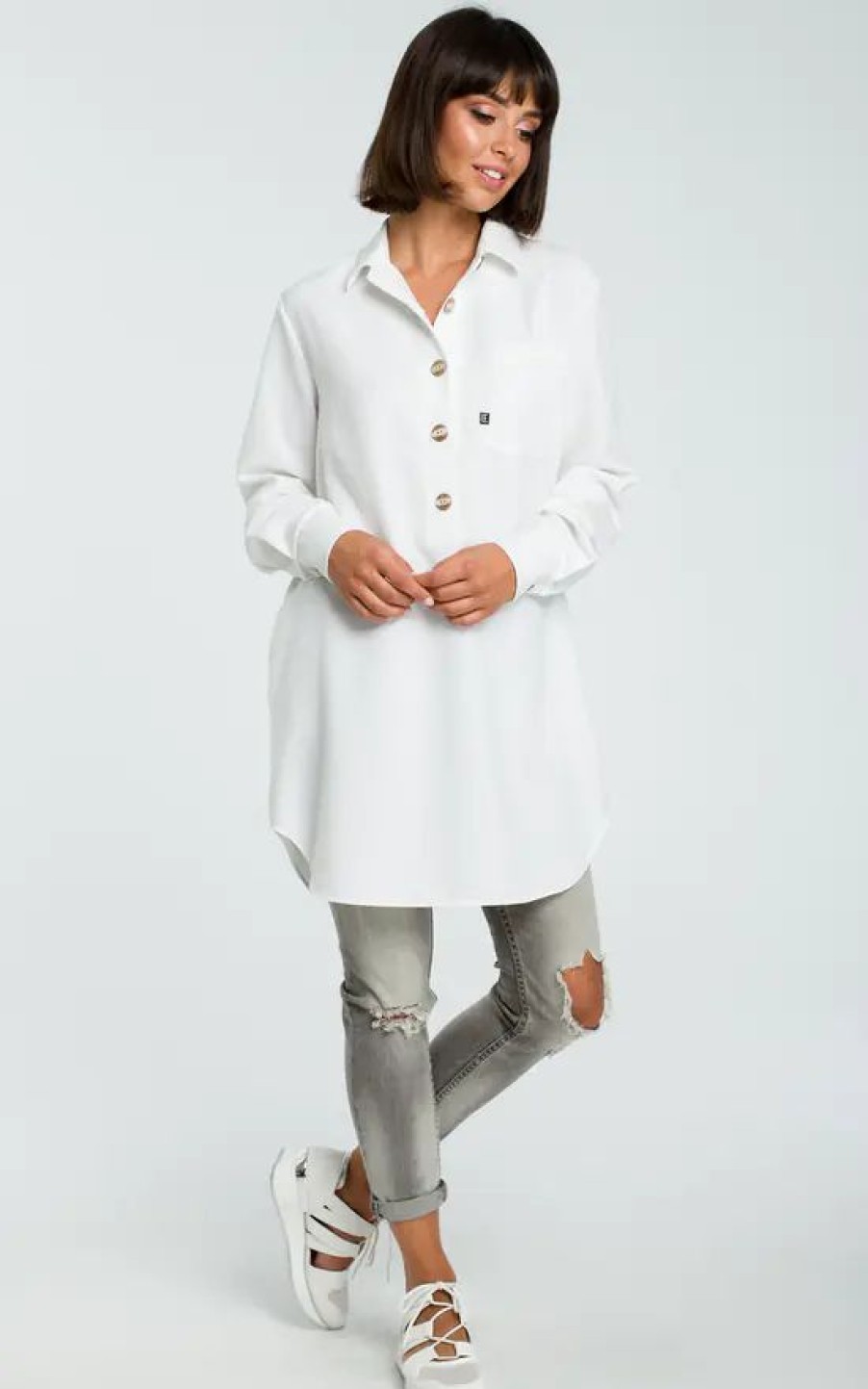 Tops * | Top 10 Moe White Loose Shirt Tunic With Buttons