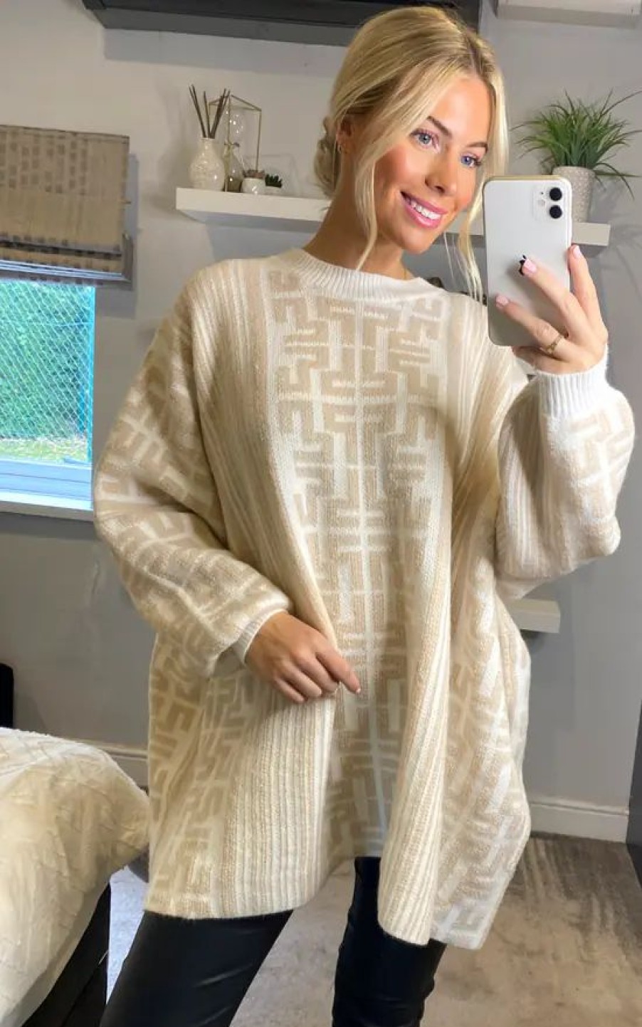 Dresses * | Hot Sale Cy Boutique Fine Knit Oversized Jumper With Monogrammed Pattern Design In White And Beige