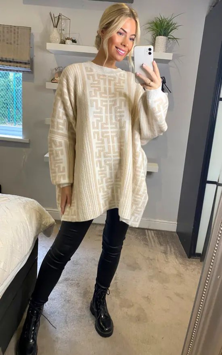 Dresses * | Hot Sale Cy Boutique Fine Knit Oversized Jumper With Monogrammed Pattern Design In White And Beige