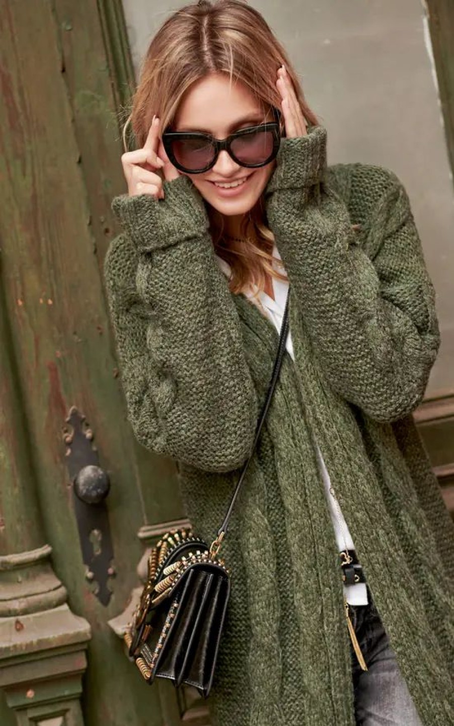 Knitwear * | Budget Makadamia Khaki Longline Cable Knit Cardigan