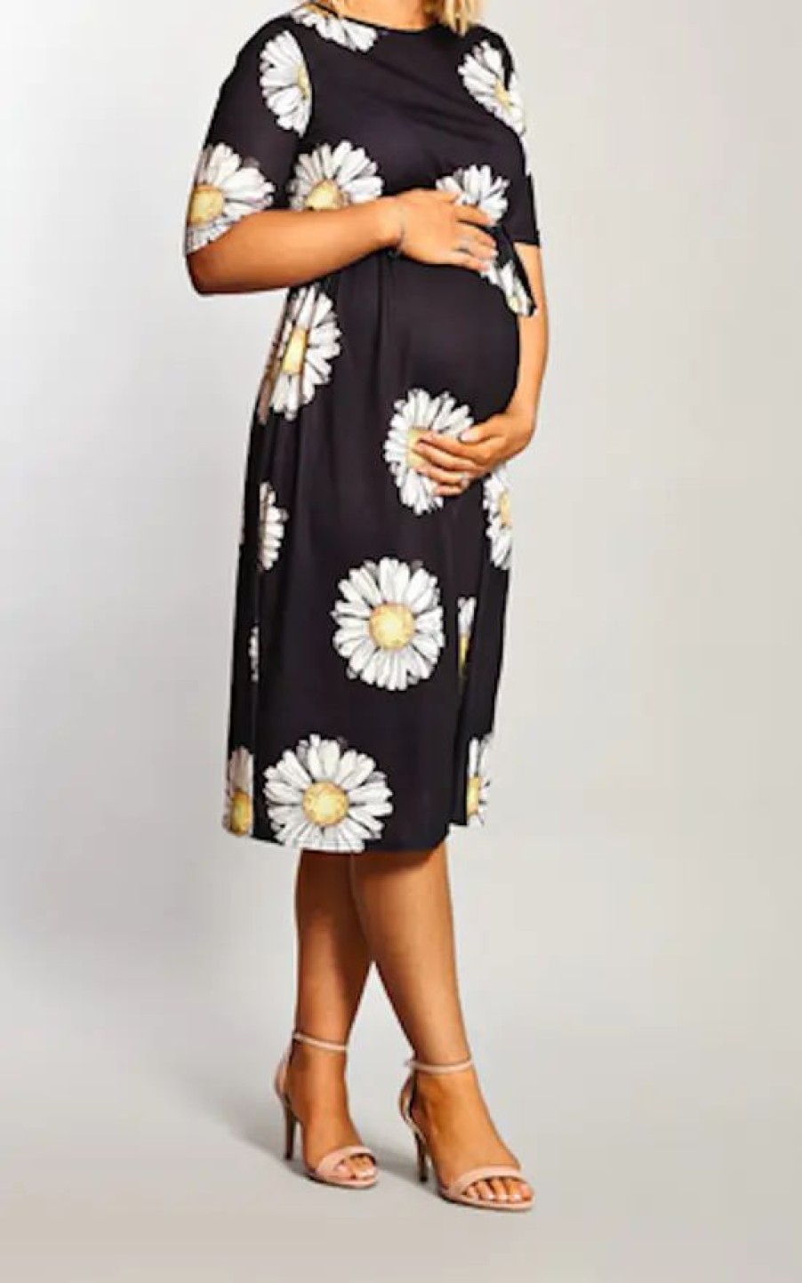 Dresses * | Buy Want That Trend Maternity Maternity Black Daisy Printed Belted Midi Dress