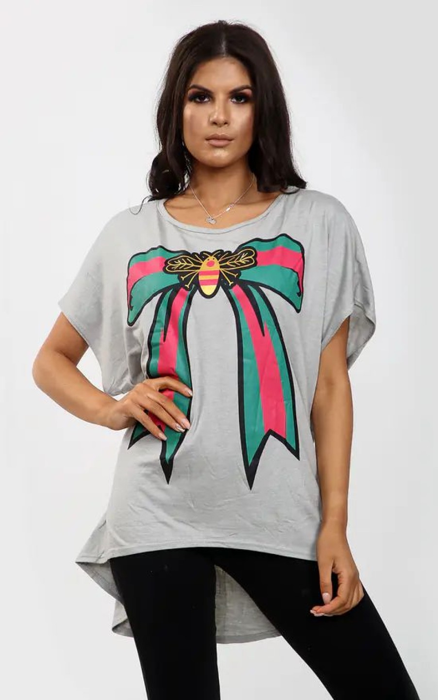 Tops * | Hot Sale Oops Fashion Grey Batwing Oversized Tshirt With Graphic Print Bow