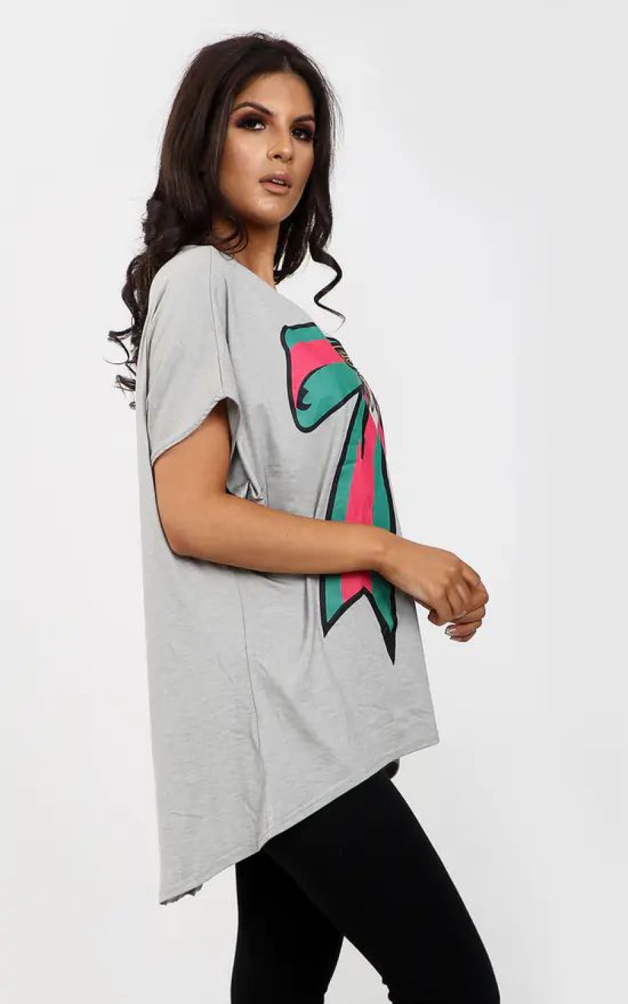 Tops * | Hot Sale Oops Fashion Grey Batwing Oversized Tshirt With Graphic Print Bow