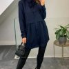 Tops * | Flash Sale Hoxton Gal Oversized Tunic Shirt With Tie In Navy