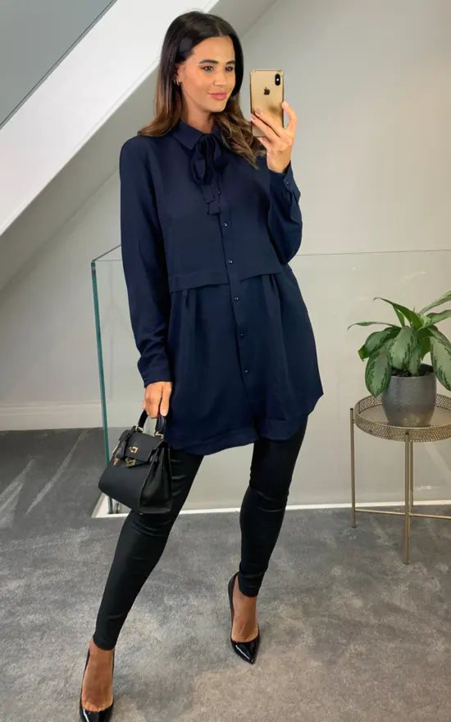 Tops * | Flash Sale Hoxton Gal Oversized Tunic Shirt With Tie In Navy