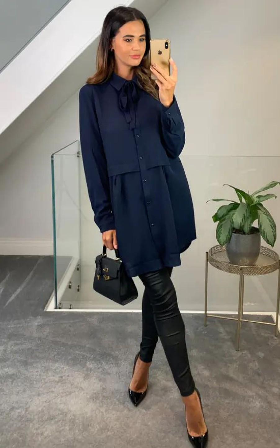 Tops * | Flash Sale Hoxton Gal Oversized Tunic Shirt With Tie In Navy