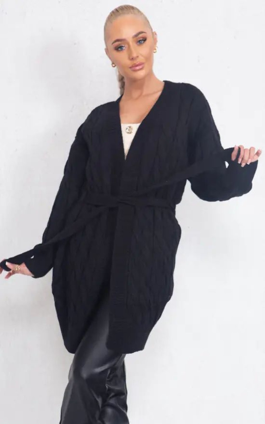 Knitwear * | Buy Boutique Store Black Cable Knit Belted Cardigan