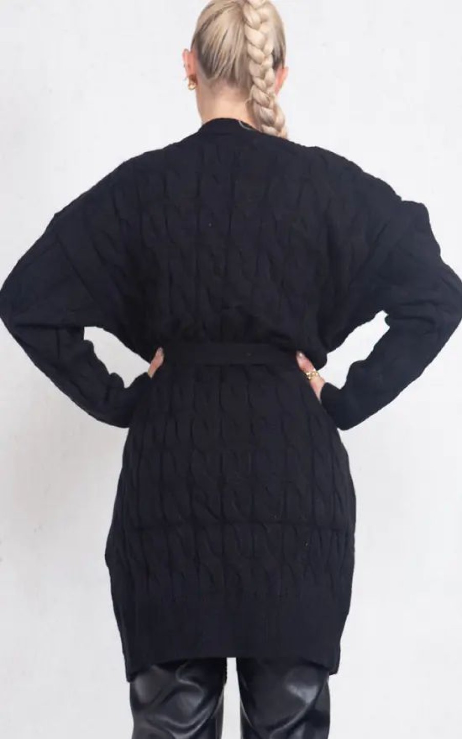 Knitwear * | Buy Boutique Store Black Cable Knit Belted Cardigan