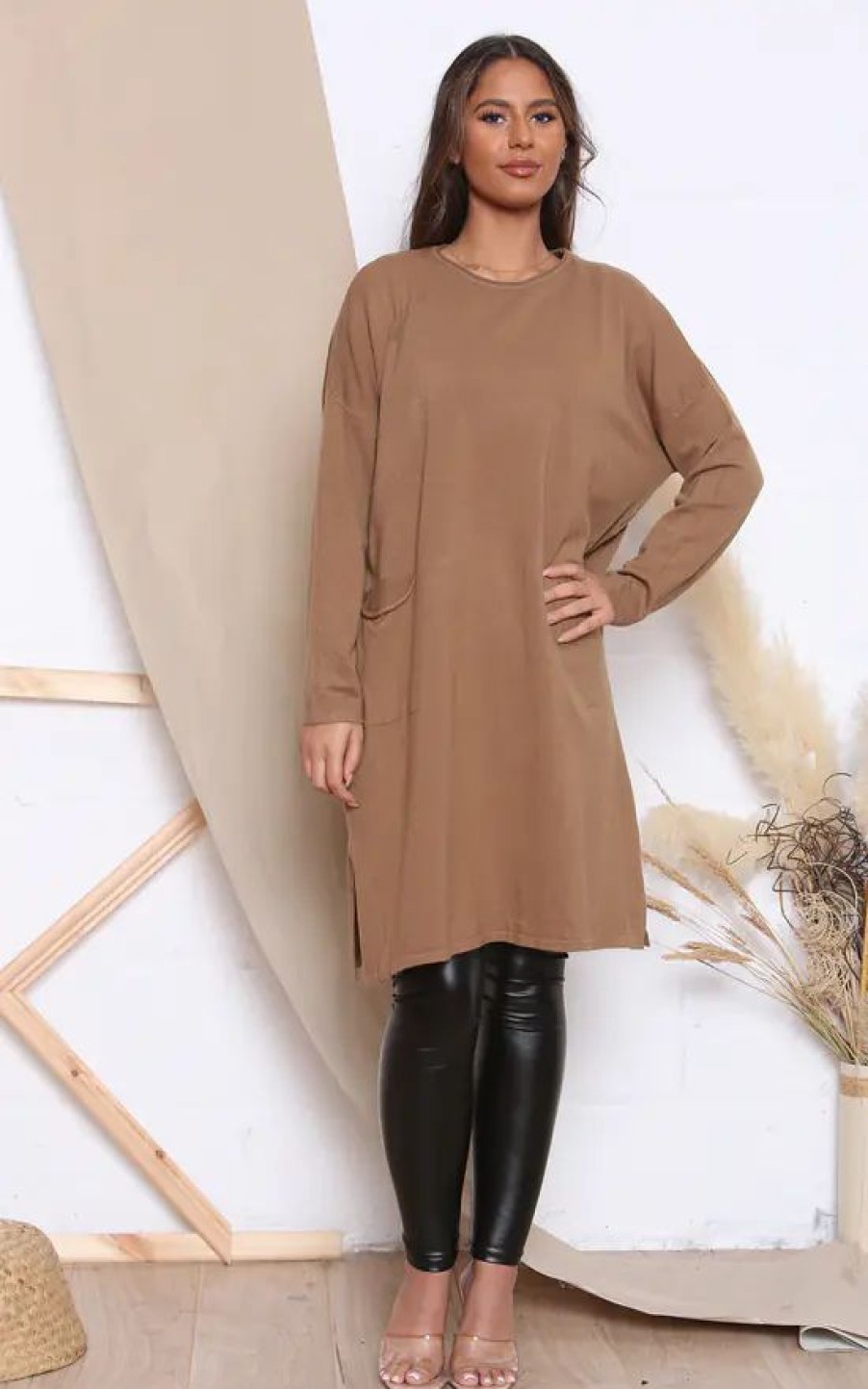 Dresses * | Promo Lucy Sparks Camel Long Sleeve Jumper Dress With Pockets