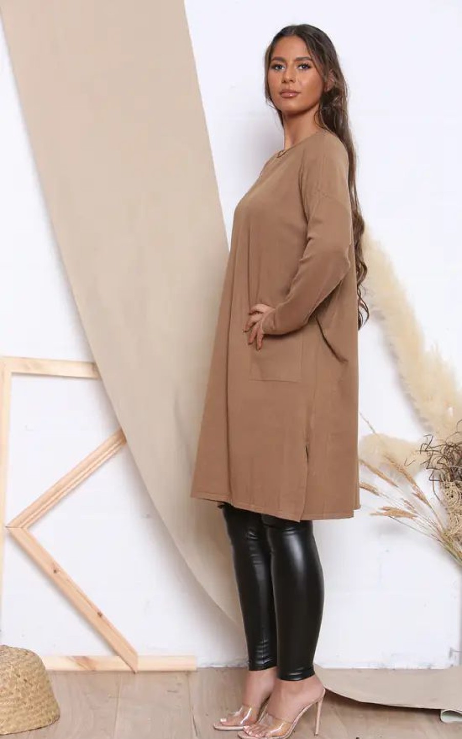 Dresses * | Promo Lucy Sparks Camel Long Sleeve Jumper Dress With Pockets