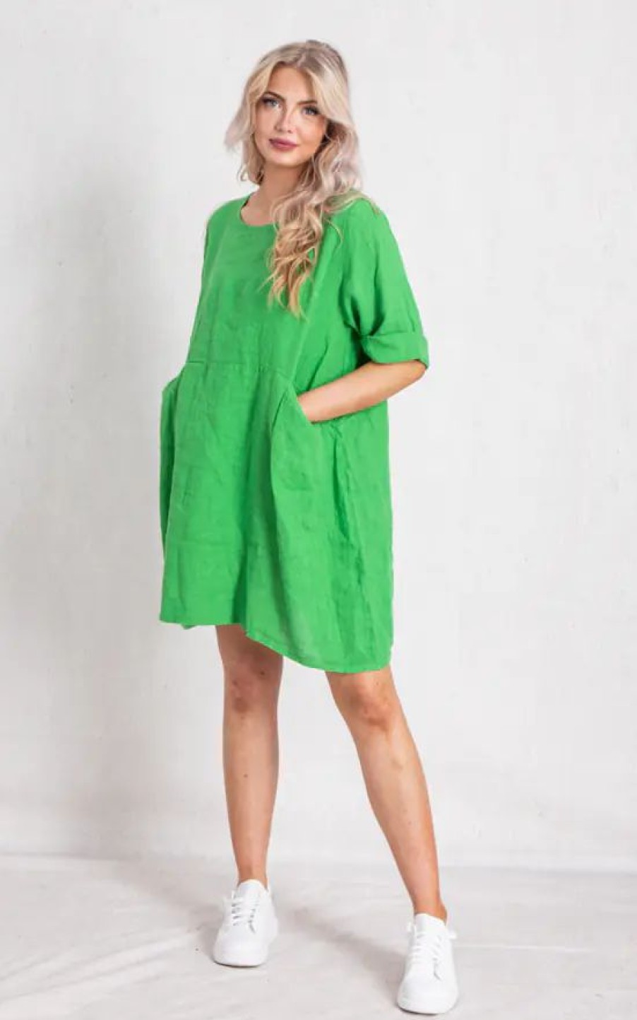 Dresses * | Promo Boutique Store Green Linen Round Neck Mini Dress