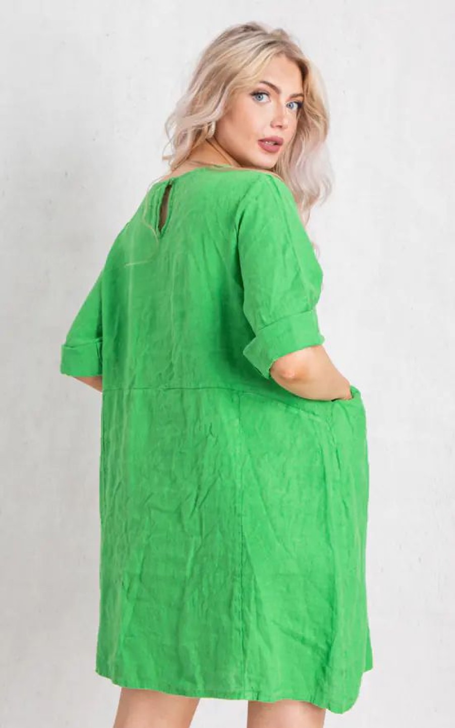 Dresses * | Promo Boutique Store Green Linen Round Neck Mini Dress