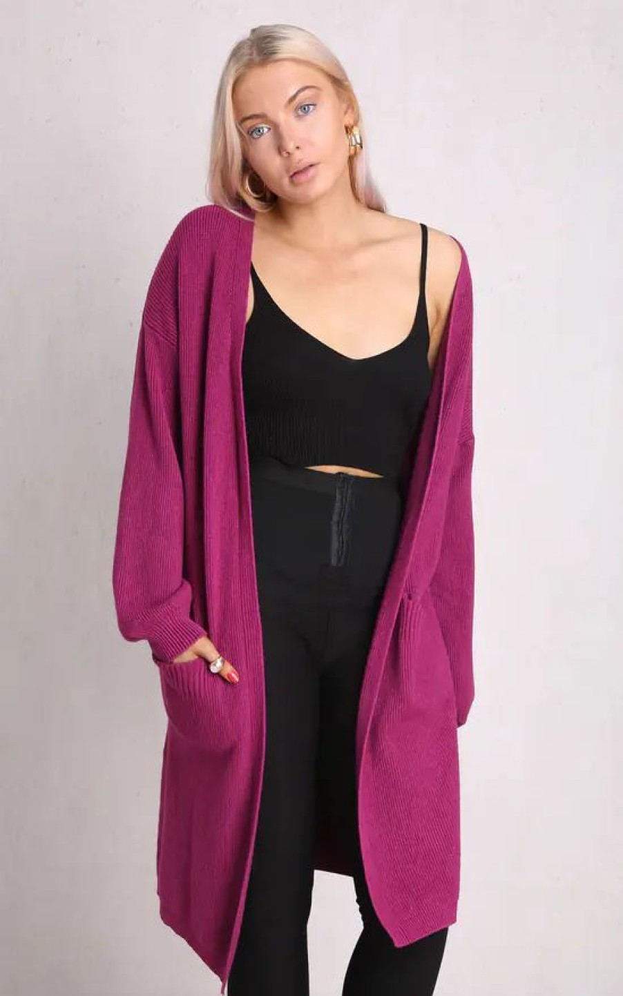 Knitwear * | Promo Boutique Store Plum Long Sleeve Open Front Knitted Cardigan One Size Fit (10 To 16)