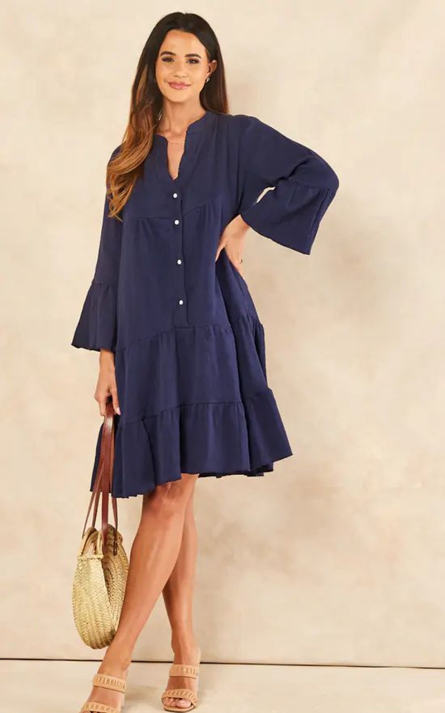 Dresses * | Deals Blue Vanilla Bianca Oversized Smock Shirt Dress In Navy