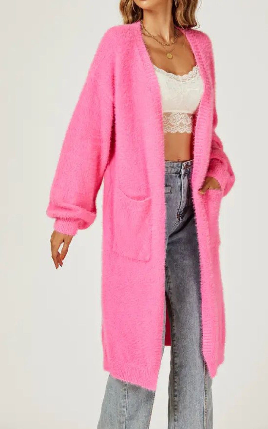 Knitwear * | Wholesale Fs Collection Relaxed Cozy Soft Cardigan In Fuchsia Pink