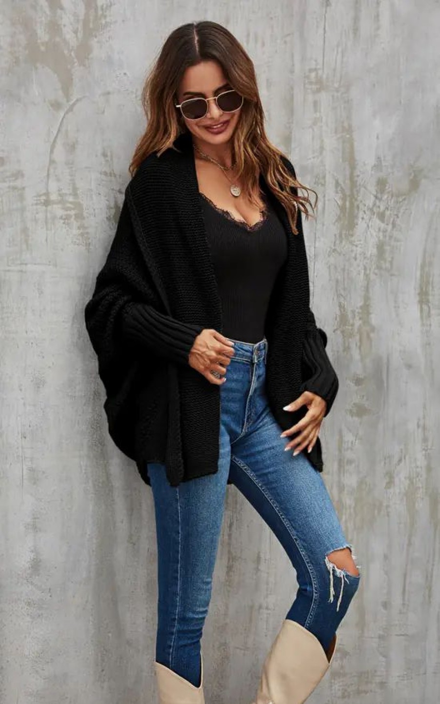 Knitwear * | Best Deal Fs Collection Black Chunky Pleat Oversized Cardigan