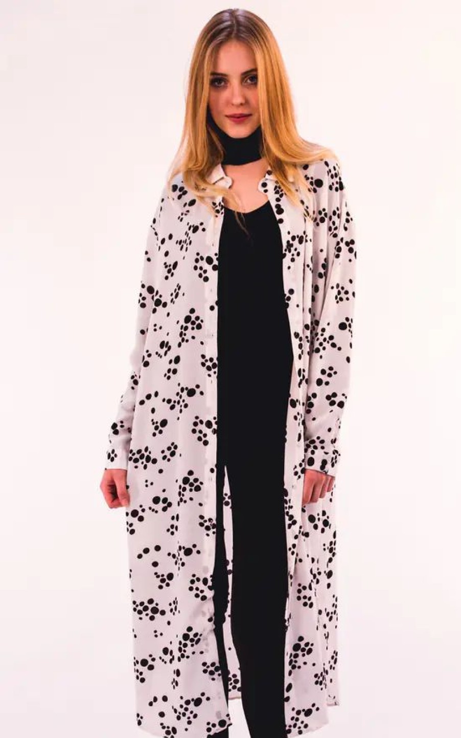 Tops * | Brand New Cy Boutique Long Sleeve Chiffon Shirt In White And Black Spot Print