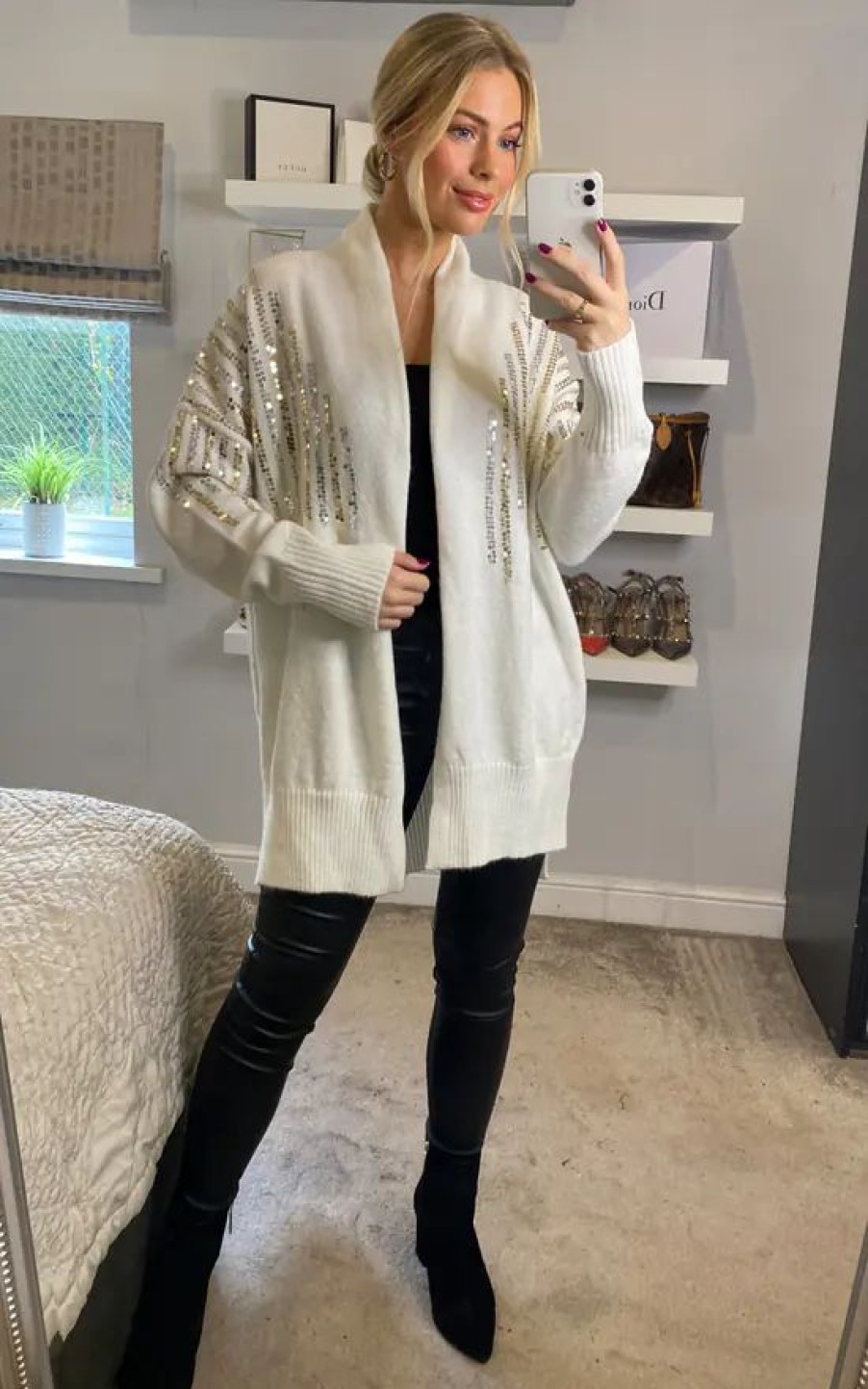 Knitwear * | Discount Cy Boutique Sequin Embellished Shoulder And Front Soft Knit Cardigan In White