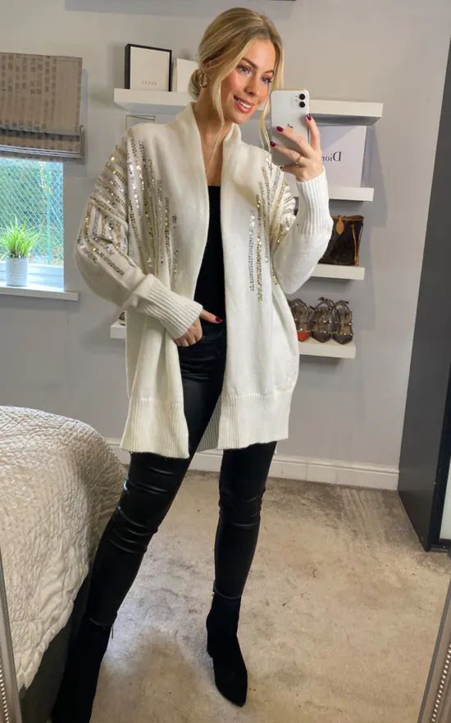 Knitwear * | Discount Cy Boutique Sequin Embellished Shoulder And Front Soft Knit Cardigan In White