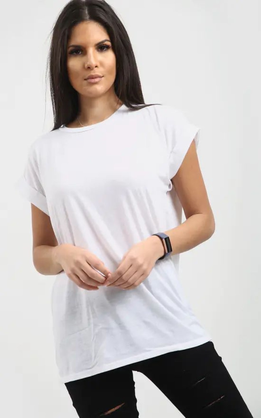 Tops * | Cheap Oops Fashion Roll Sleeve Oversized Jersey T Shirt In White