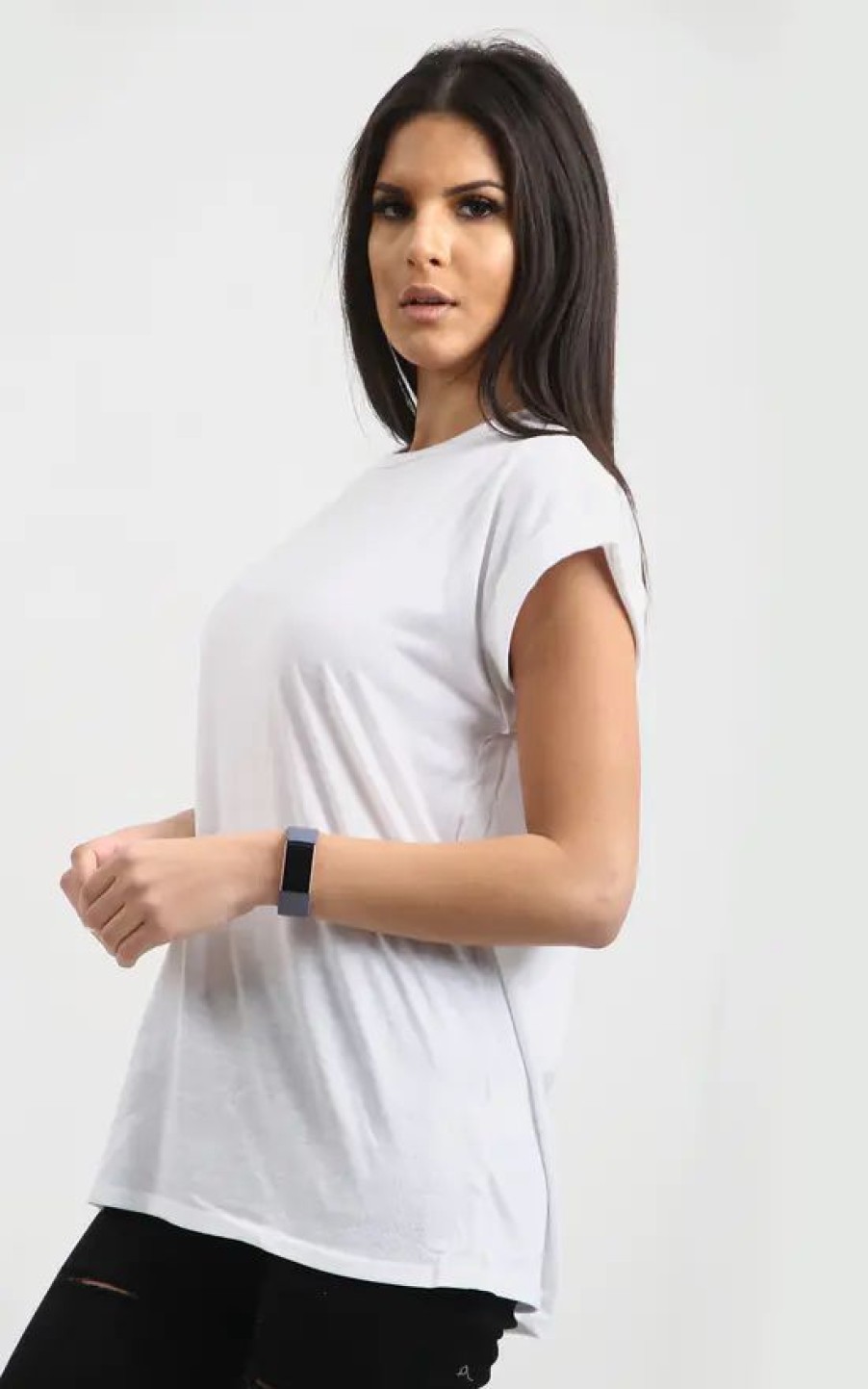 Tops * | Cheap Oops Fashion Roll Sleeve Oversized Jersey T Shirt In White