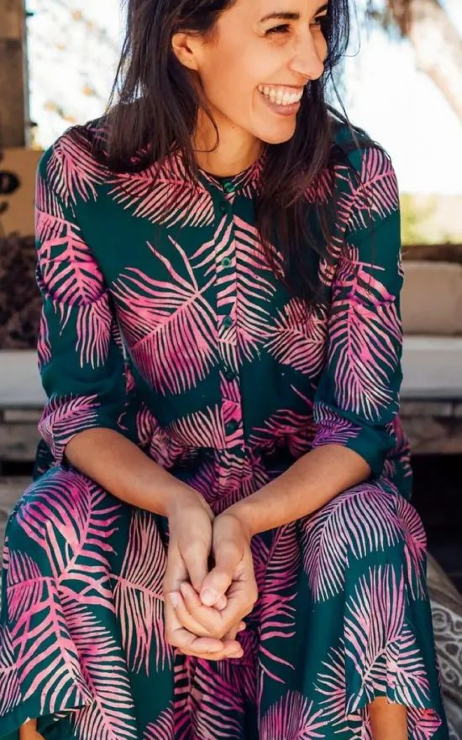 Dresses * | Deals Sugarhill Brighton Lauren Batik Smock Dress Green/ Pink Palm Fronds