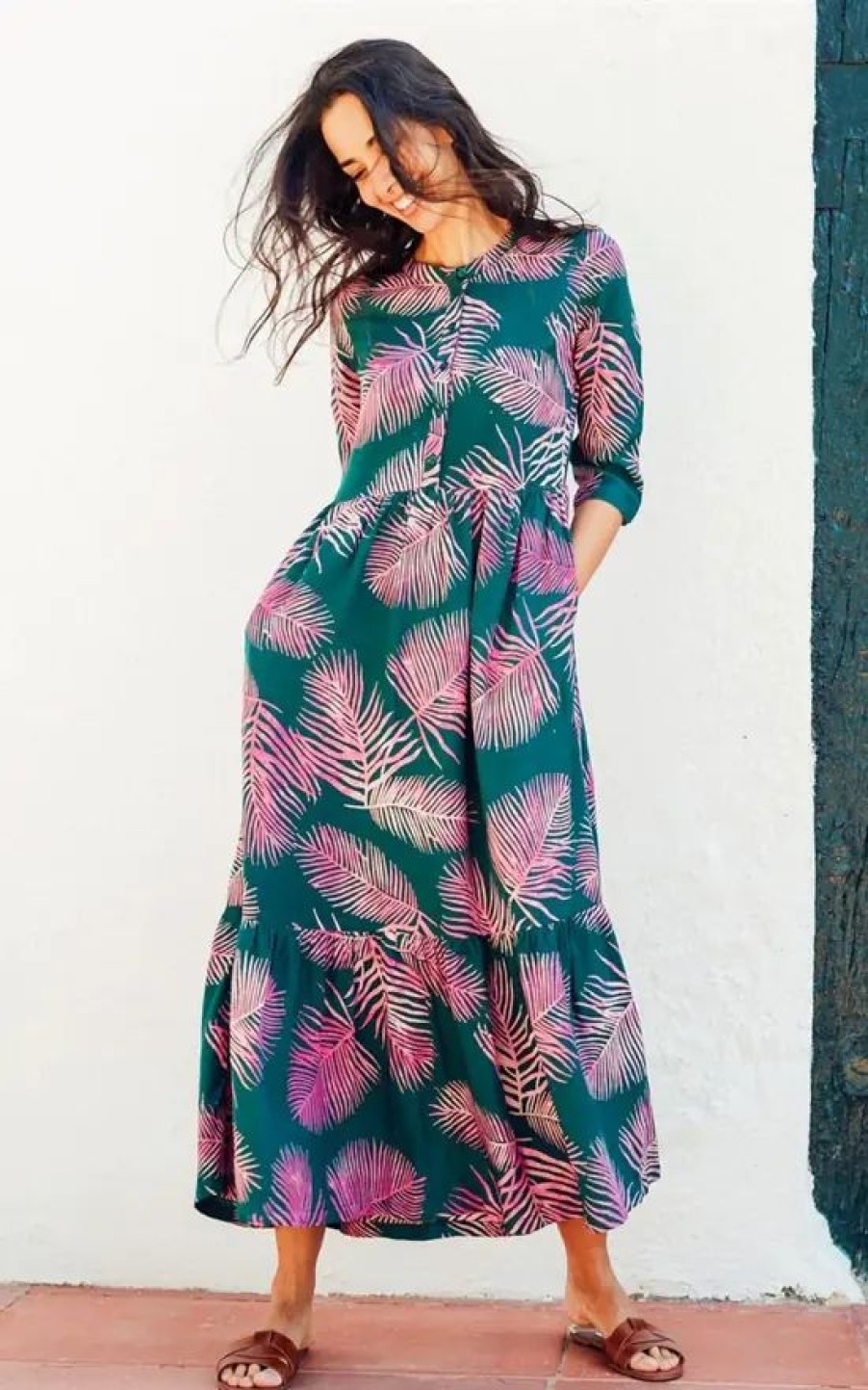 Dresses * | Deals Sugarhill Brighton Lauren Batik Smock Dress Green/ Pink Palm Fronds