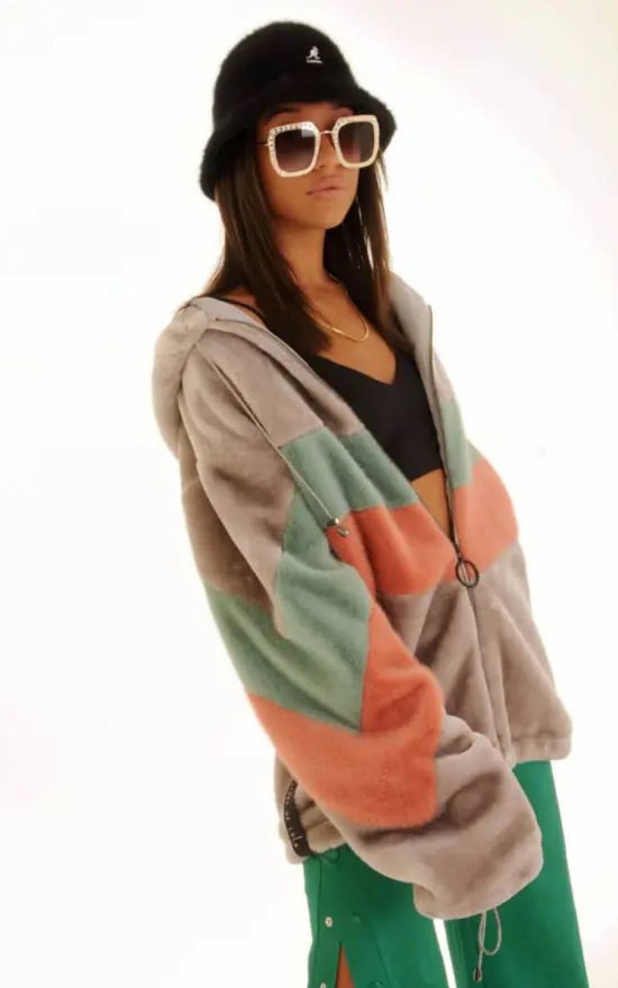 Sweaters & Hoodies * | Outlet Story Of Lola Faux Fur Chevron Hooded Jacket Grey