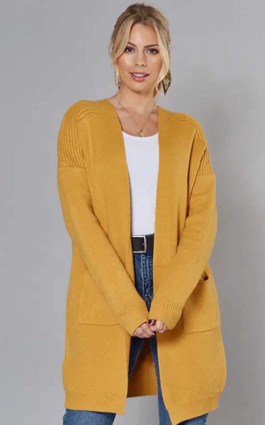 Knitwear * | Cheapest Yumi Mustard Knit Longline Cardigan With Pockets