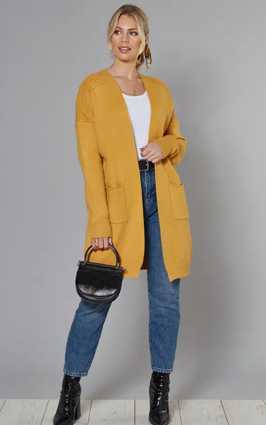 Knitwear * | Cheapest Yumi Mustard Knit Longline Cardigan With Pockets