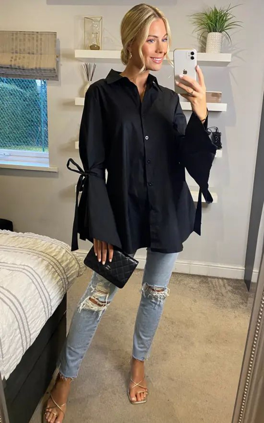 Tops * | Wholesale Cy Boutique Bell Sleeve Shirt With Ties In Black