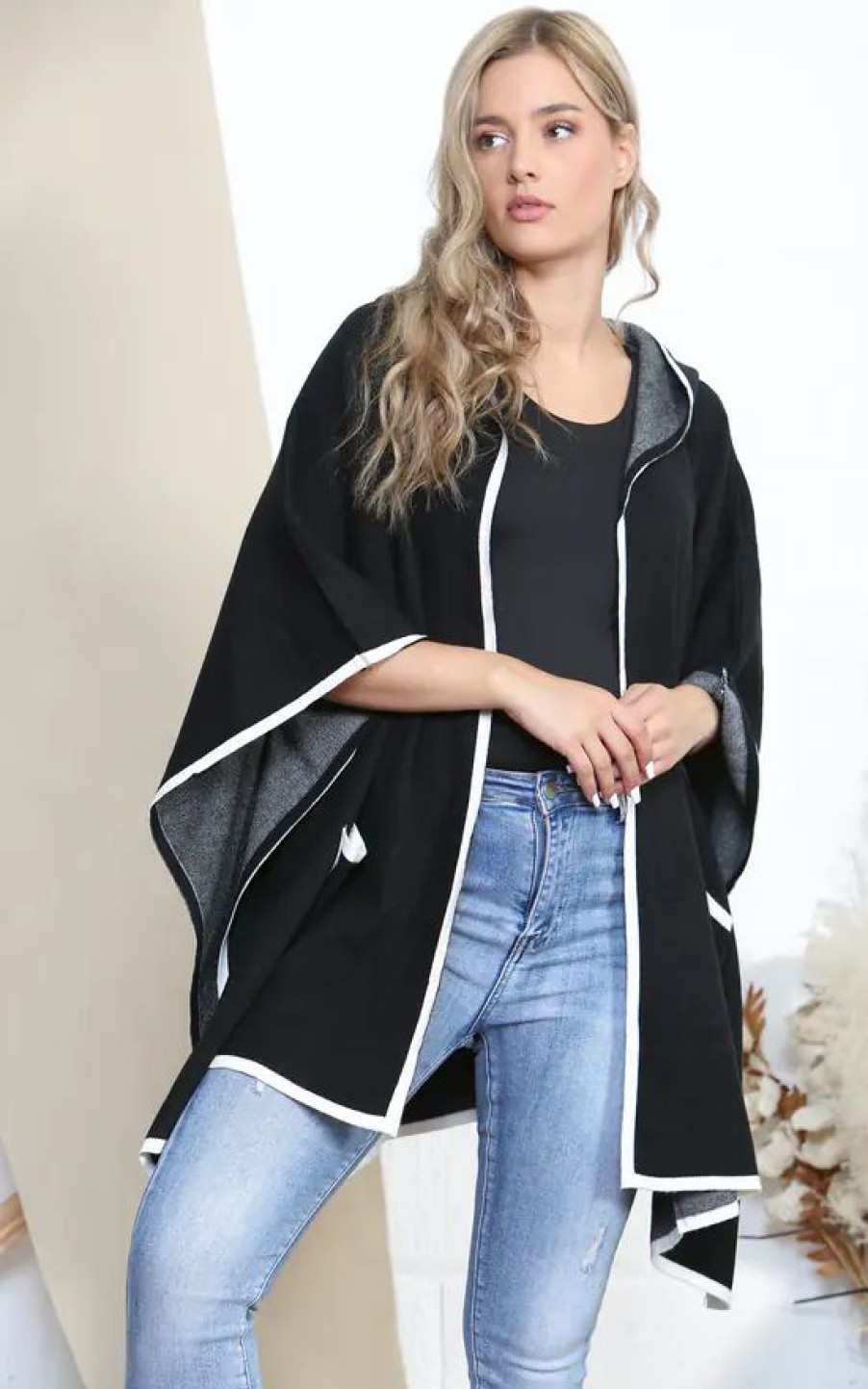 Knitwear * | Outlet Lucy Sparks Black Smart Hooded Cape With Pockets