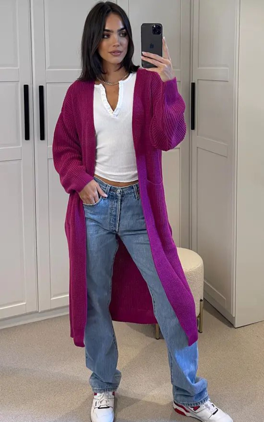 Knitwear * | Deals Aftershock London Knitted Longline Cardigan With Pockets In Purple