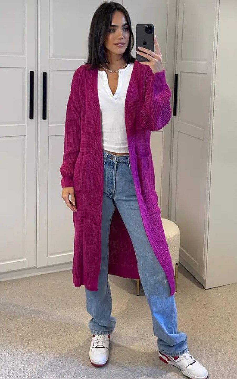 Knitwear * | Deals Aftershock London Knitted Longline Cardigan With Pockets In Purple