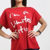 Tops * | Flash Sale Oops Fashion Mia Red Off Shoulder Oversized Tshirt With Slogan Print