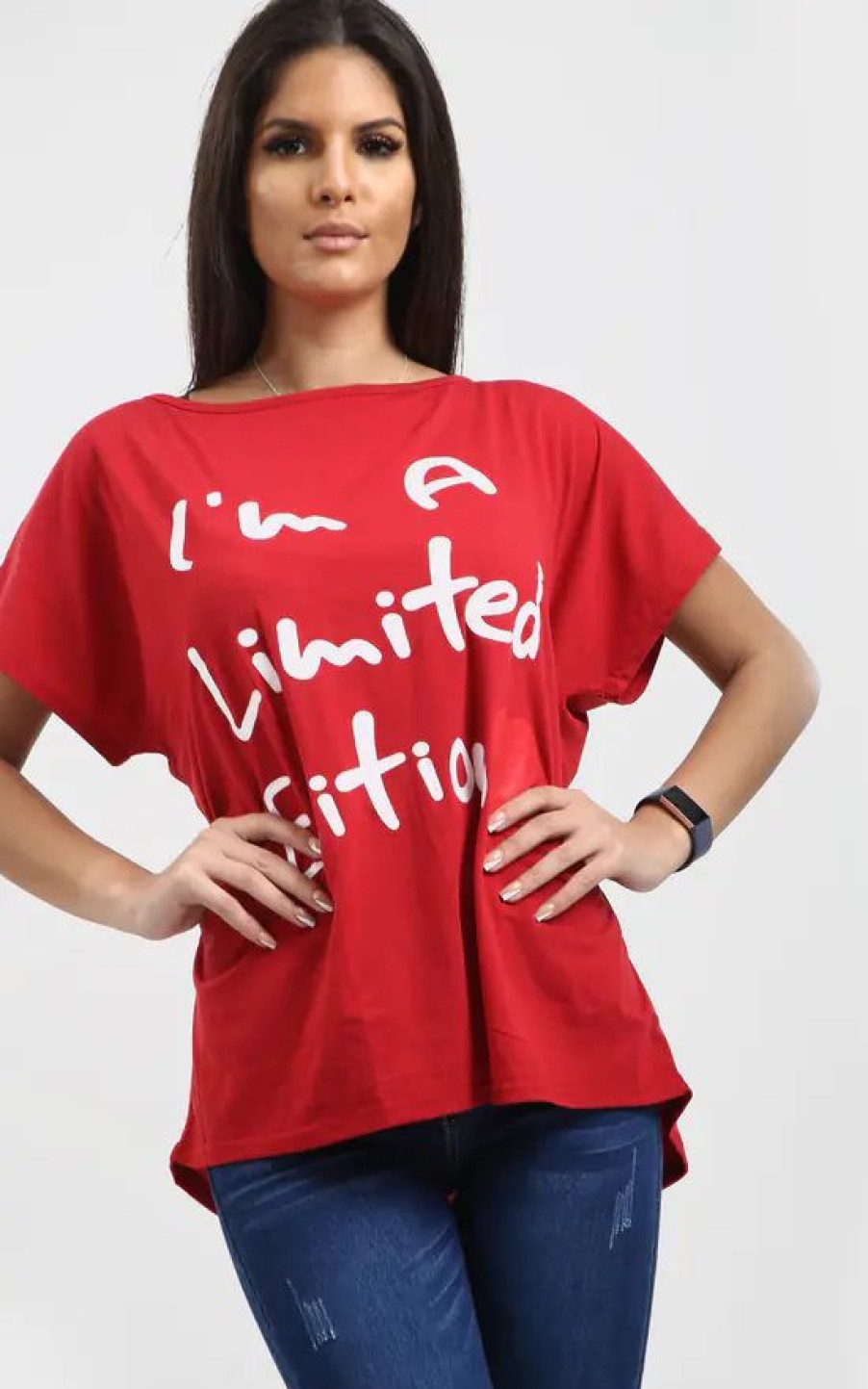 Tops * | Flash Sale Oops Fashion Mia Red Off Shoulder Oversized Tshirt With Slogan Print