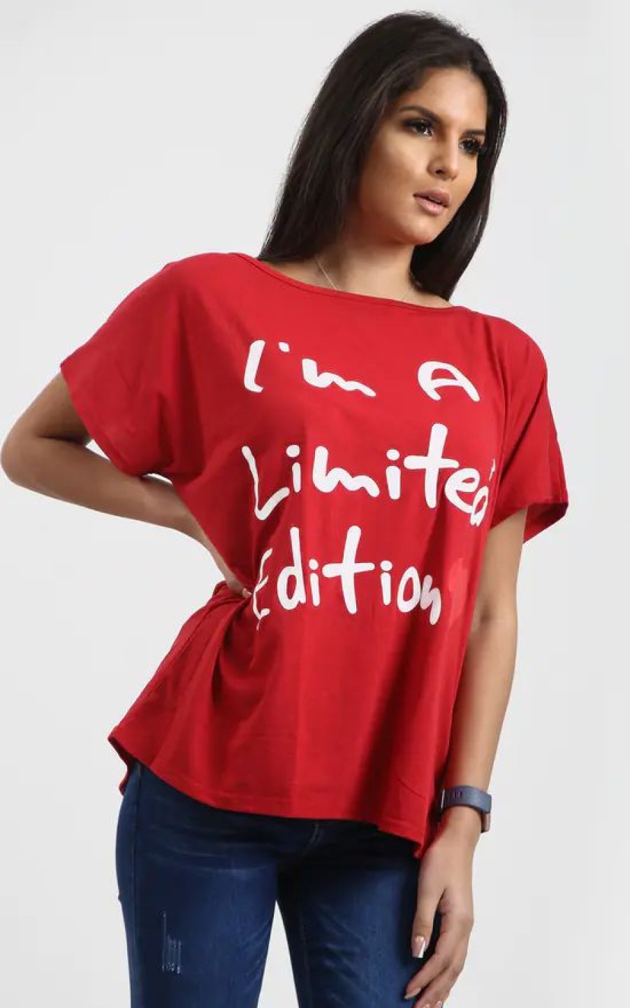 Tops * | Flash Sale Oops Fashion Mia Red Off Shoulder Oversized Tshirt With Slogan Print