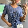 Tops * | Discount Yumi Striped Jersey Button Detail Top In Blue