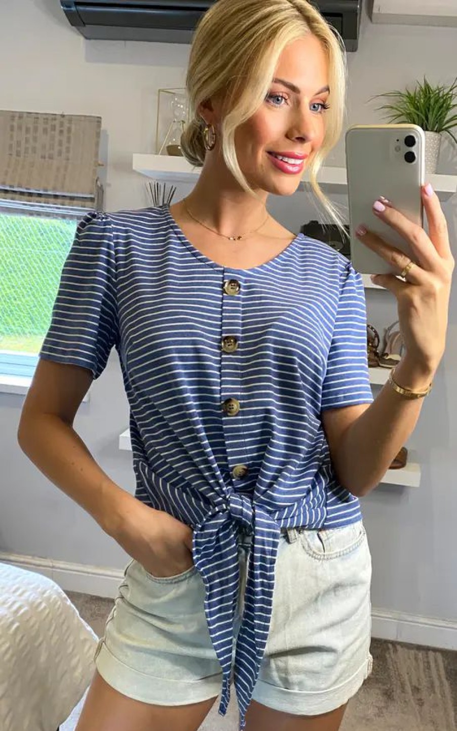 Tops * | Discount Yumi Striped Jersey Button Detail Top In Blue