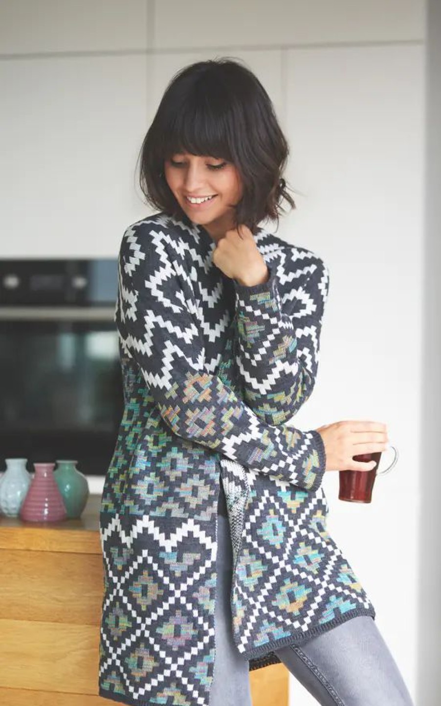 Knitwear * | Best Sale Moe Multicolour Aztec Print Open Knit Cardigan