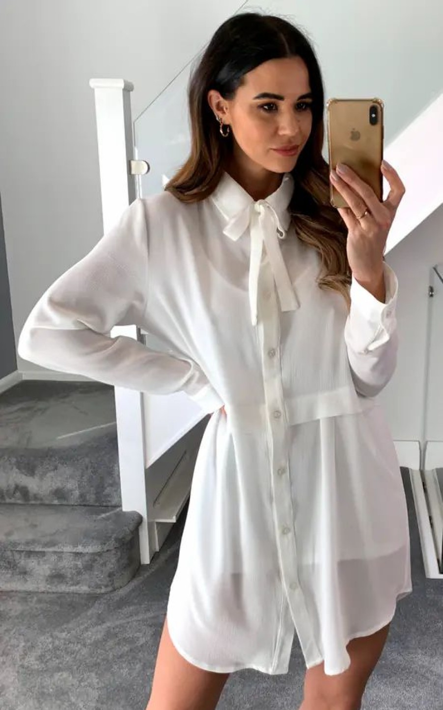 Tops * | Wholesale Hoxton Gal Long Sleeves Tie Neck Oversized Shirt In White