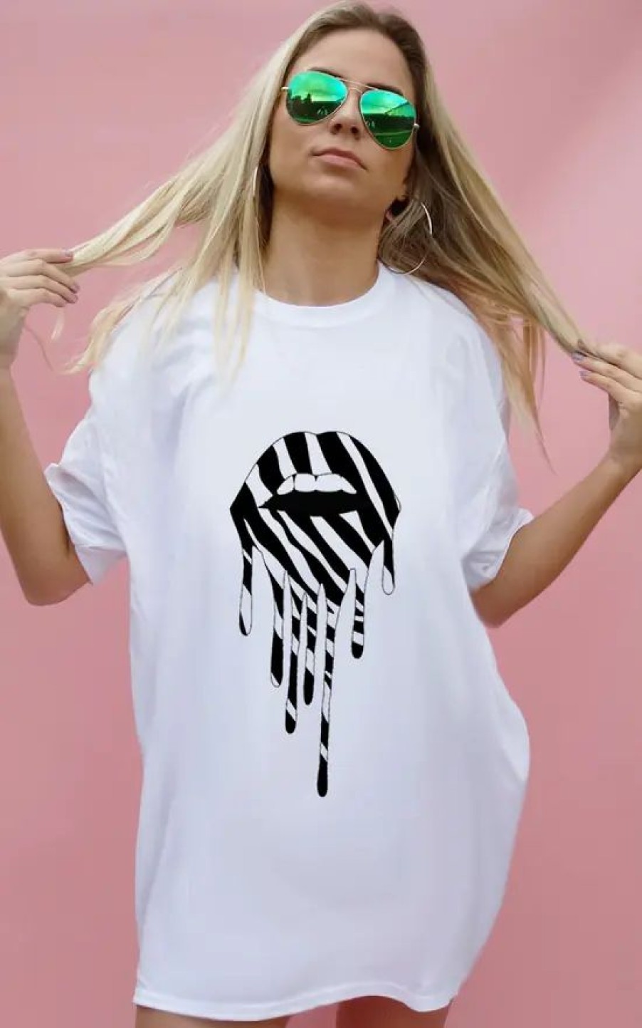 Tops * | Best Reviews Of Sade Farrell Zebra Print Lip Drip Oversize T Shirt