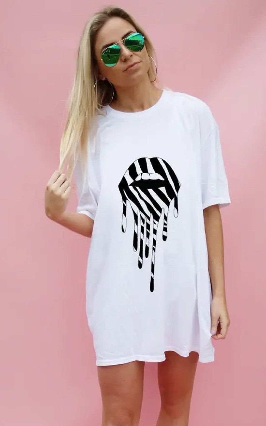 Tops * | Best Reviews Of Sade Farrell Zebra Print Lip Drip Oversize T Shirt