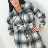 Dresses * | Cheapest Boutique Store Blue Plaid Belted Waist Overcoat Jumper Dress