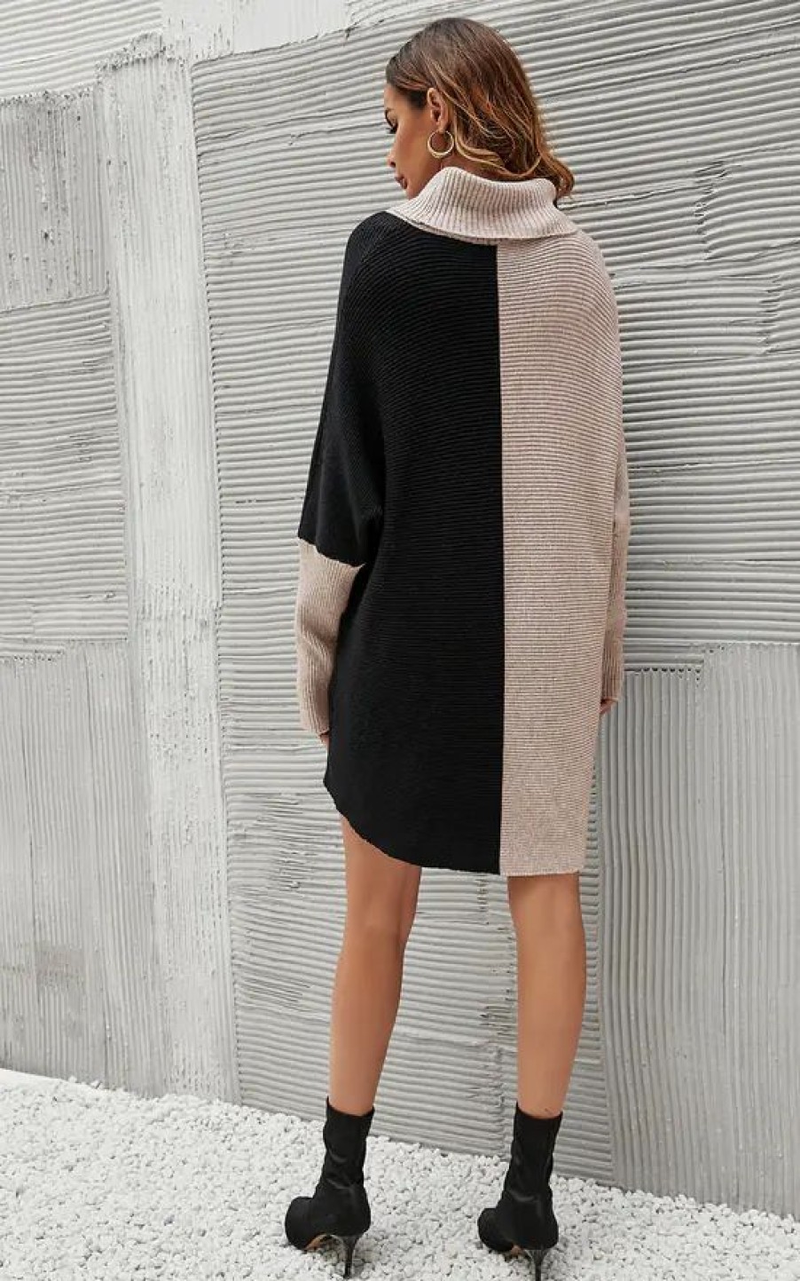 Dresses * | Cheapest Fs Collection High Neck Half Forest Beige & Black Block Colour Jumper Top