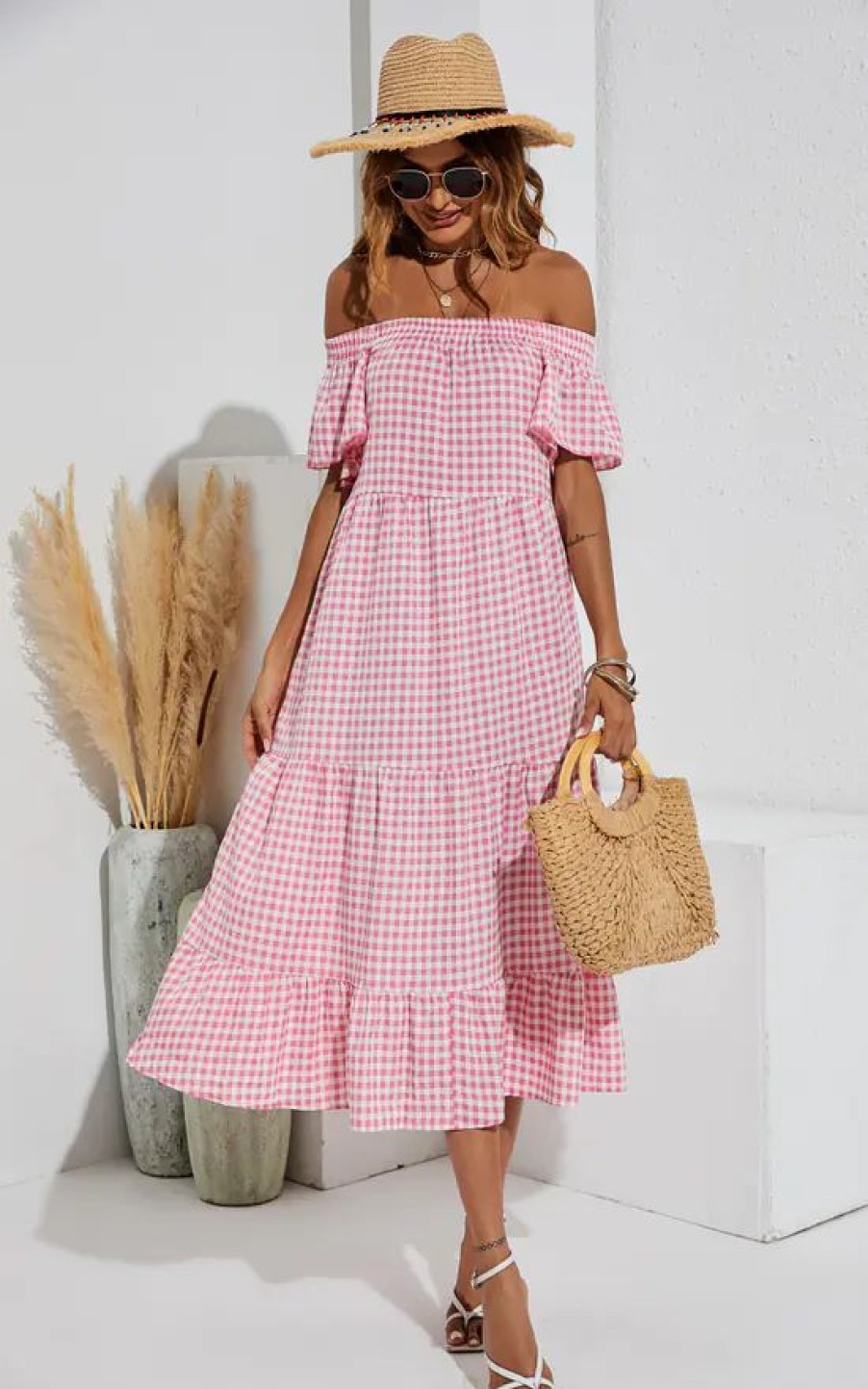 Dresses * | Discount Fs Collection Relaxed Off Shoulder Bardot Frill Midi Dress In Pink