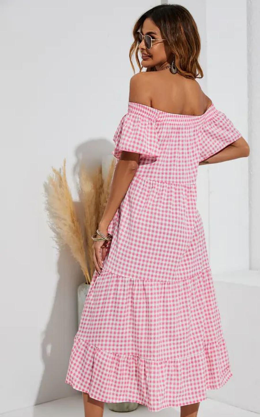 Dresses * | Discount Fs Collection Relaxed Off Shoulder Bardot Frill Midi Dress In Pink