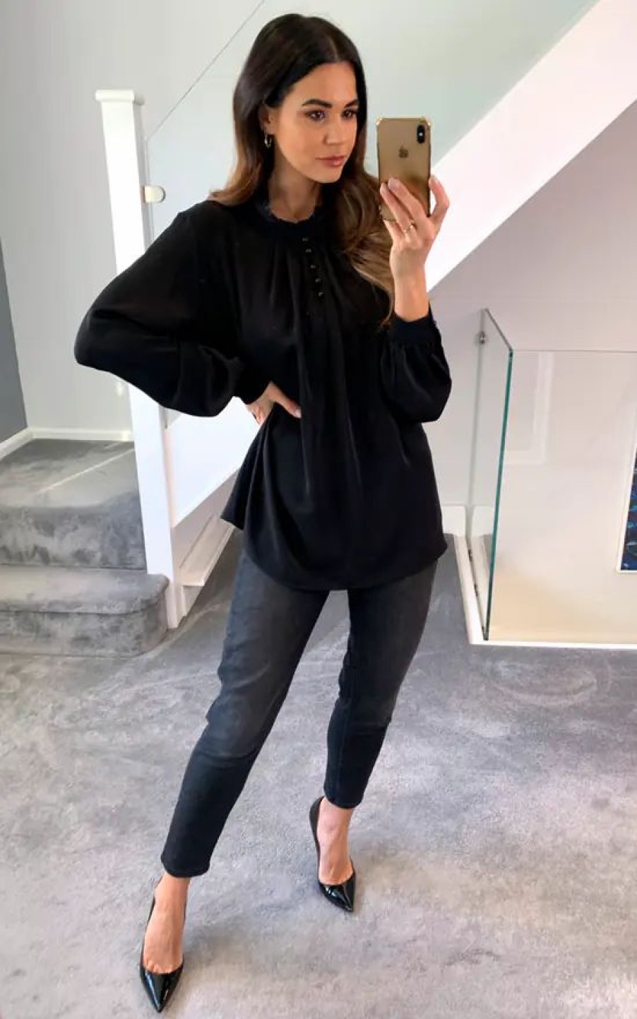 Tops * | Flash Sale Hoxton Gal Oversized Crepe Long Sleeves Ruffle Neck Top With Button Details In Black